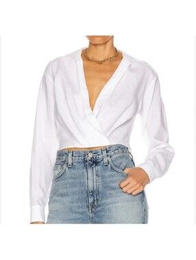 Marissa Webb Maxwell 100% Linen Shirt Medium White Cropped Wrap Front Size M